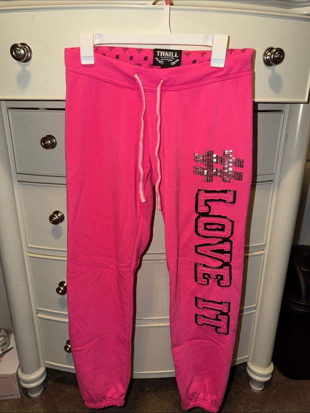 Thrill Bright Hot Pink Jogger Sweatpants with Sequin '#' and LOVE IT Graphic